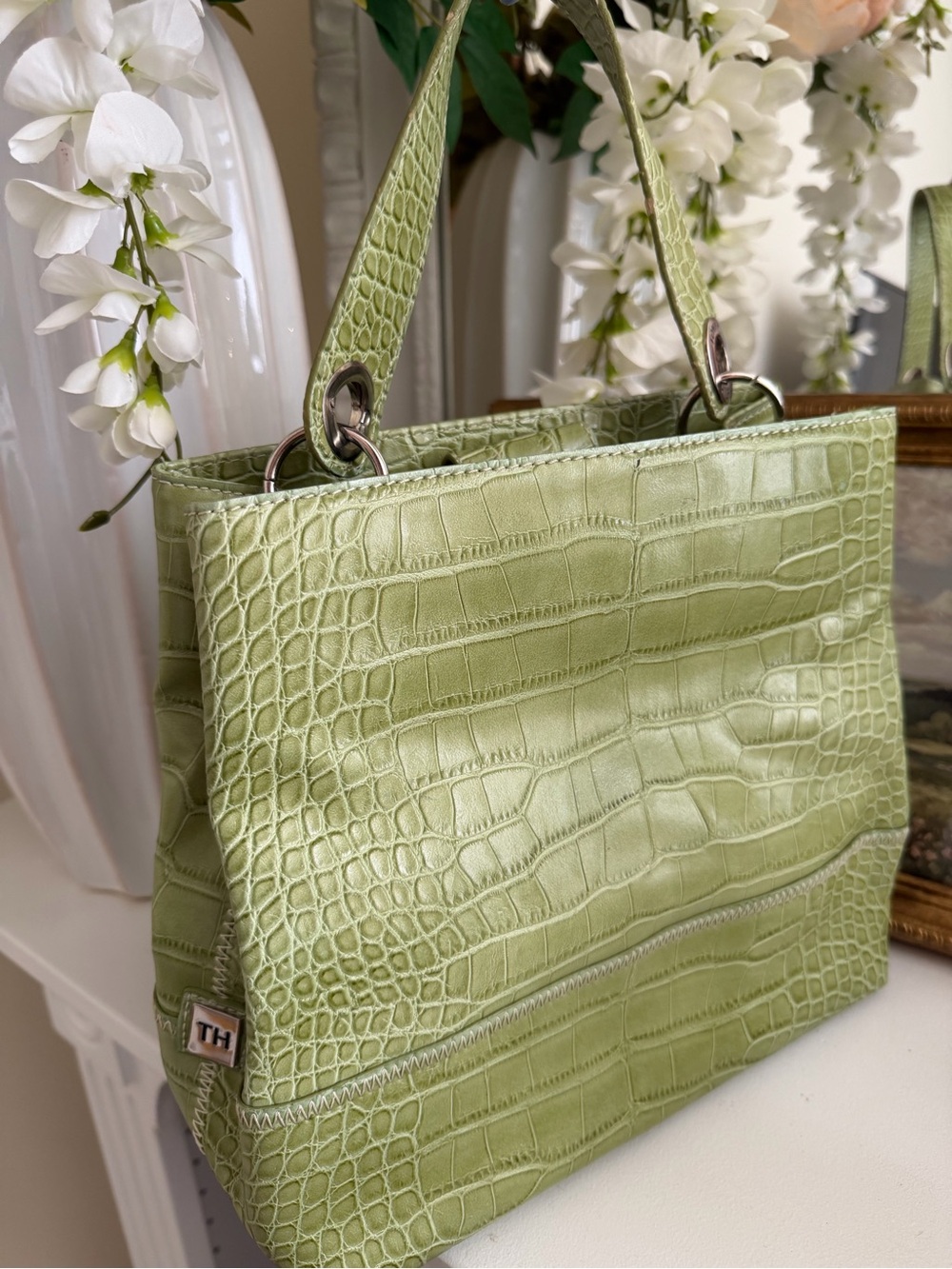 Tommy Hilfiger Light Green Croc-Embossed Bag